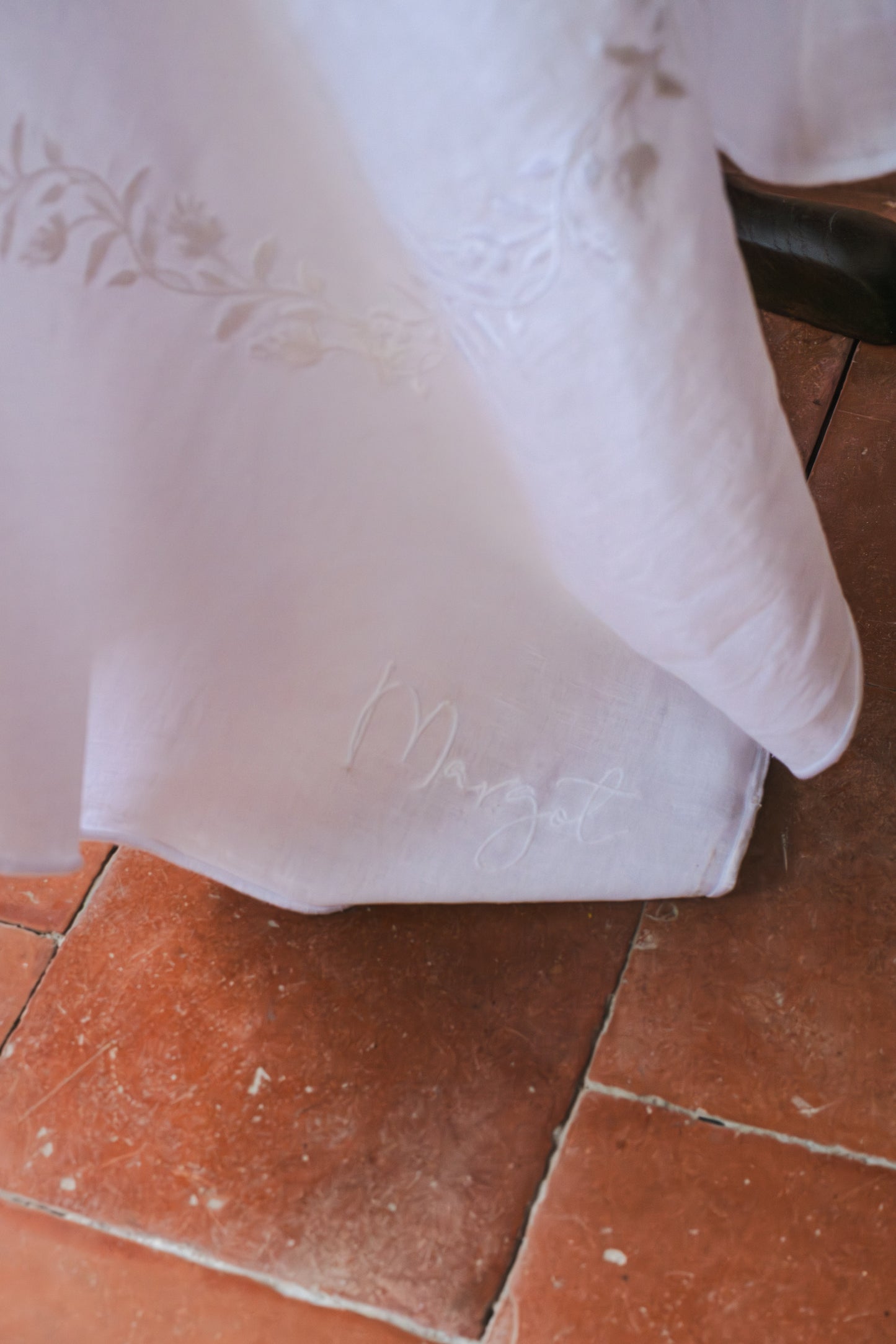 The Margot Hand-Embroidered White Linen Tablecloth